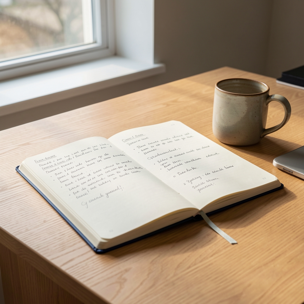 Open notebook on a clean wooden desk with handwritten field notes, a ceramic mug, and morning window light