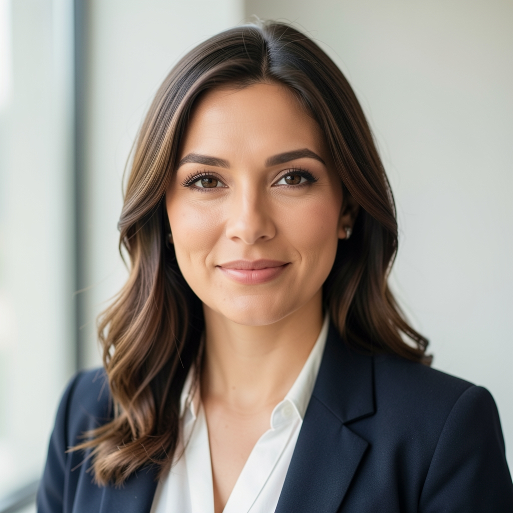 Portrait of a woman contributor in front of a light background, professional editorial photograph in natural window light