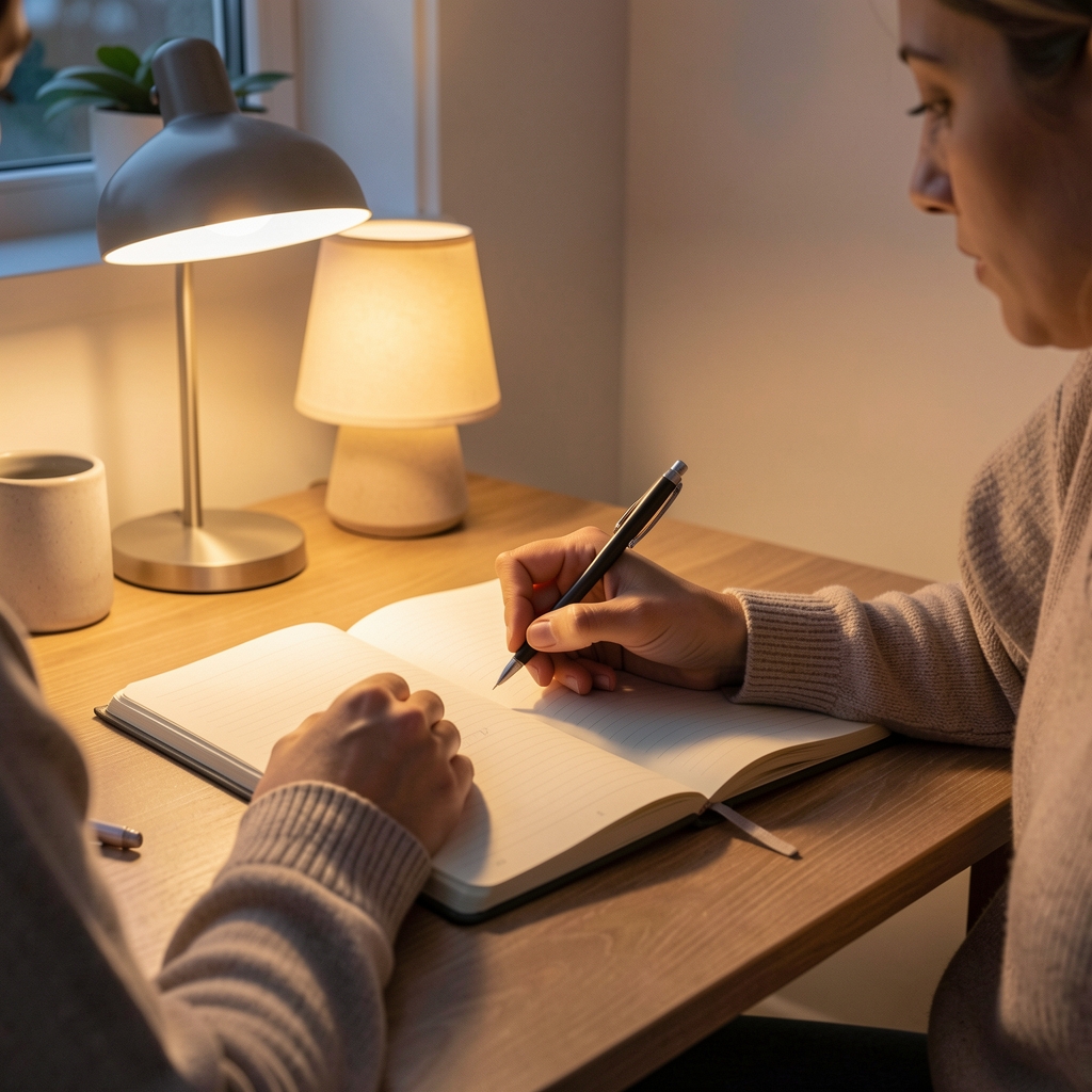 Person writing in a wellness journal at a desk lit by a single warm lamp in the early evening, notebook pages open