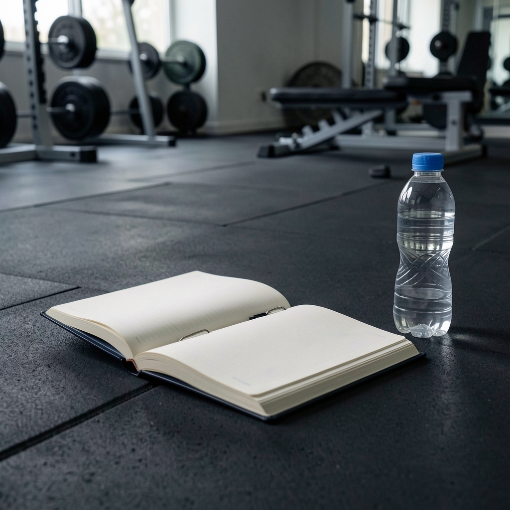 A training journal open on a gym floor with a water bottle beside it, studio lighting, minimal composition