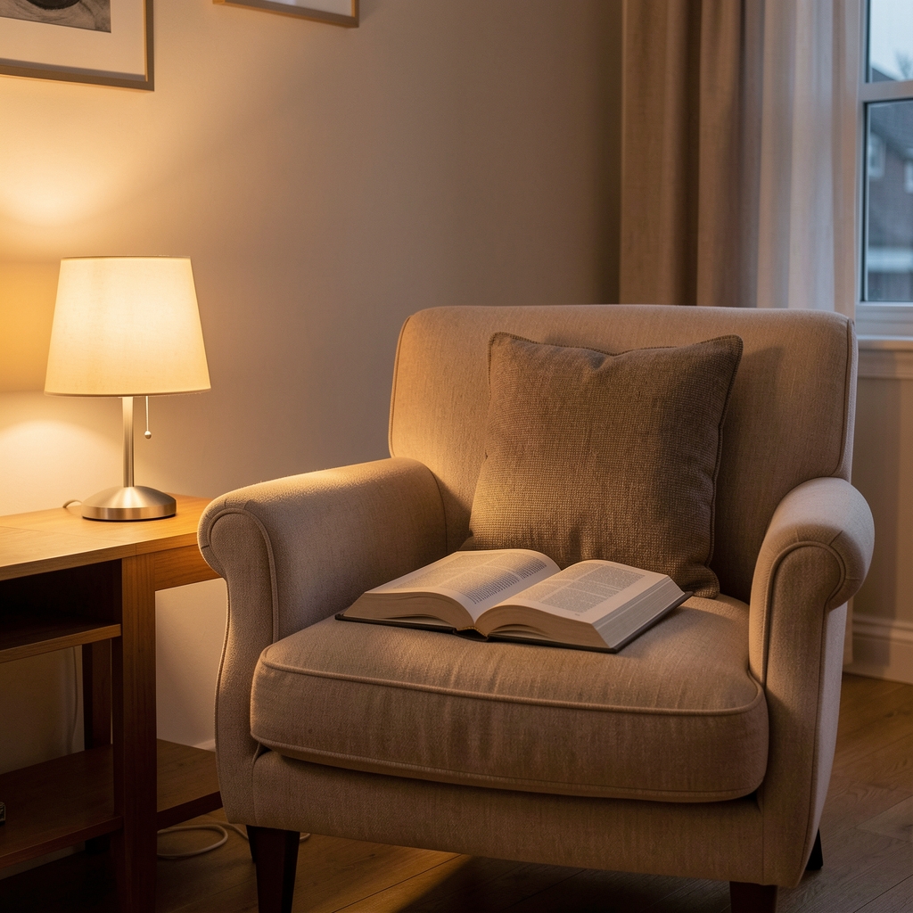 Warm-lit living room in the evening with a book open on a cushioned chair, low lamp on a side table, no overhead lights