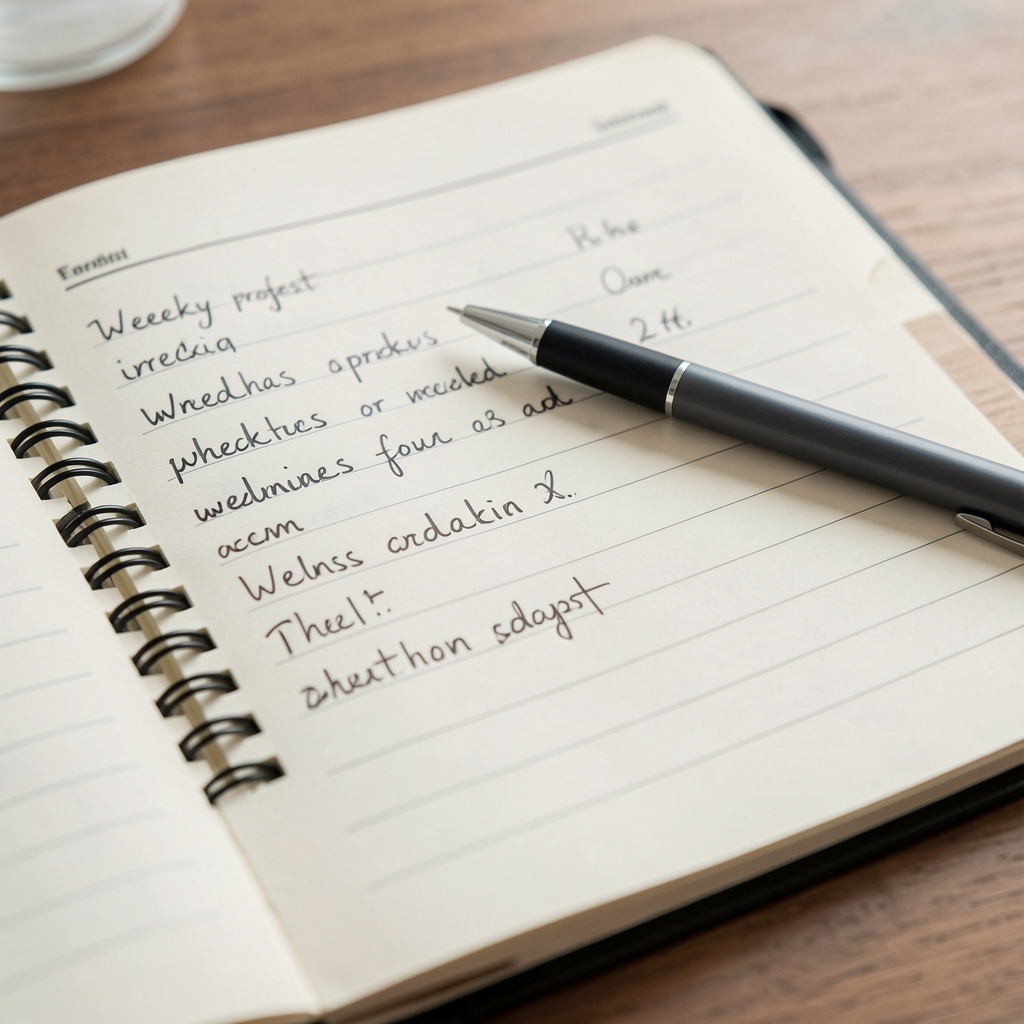Close-up of a wellness tracking notebook with handwritten weekly progress entries and a pen resting across the page